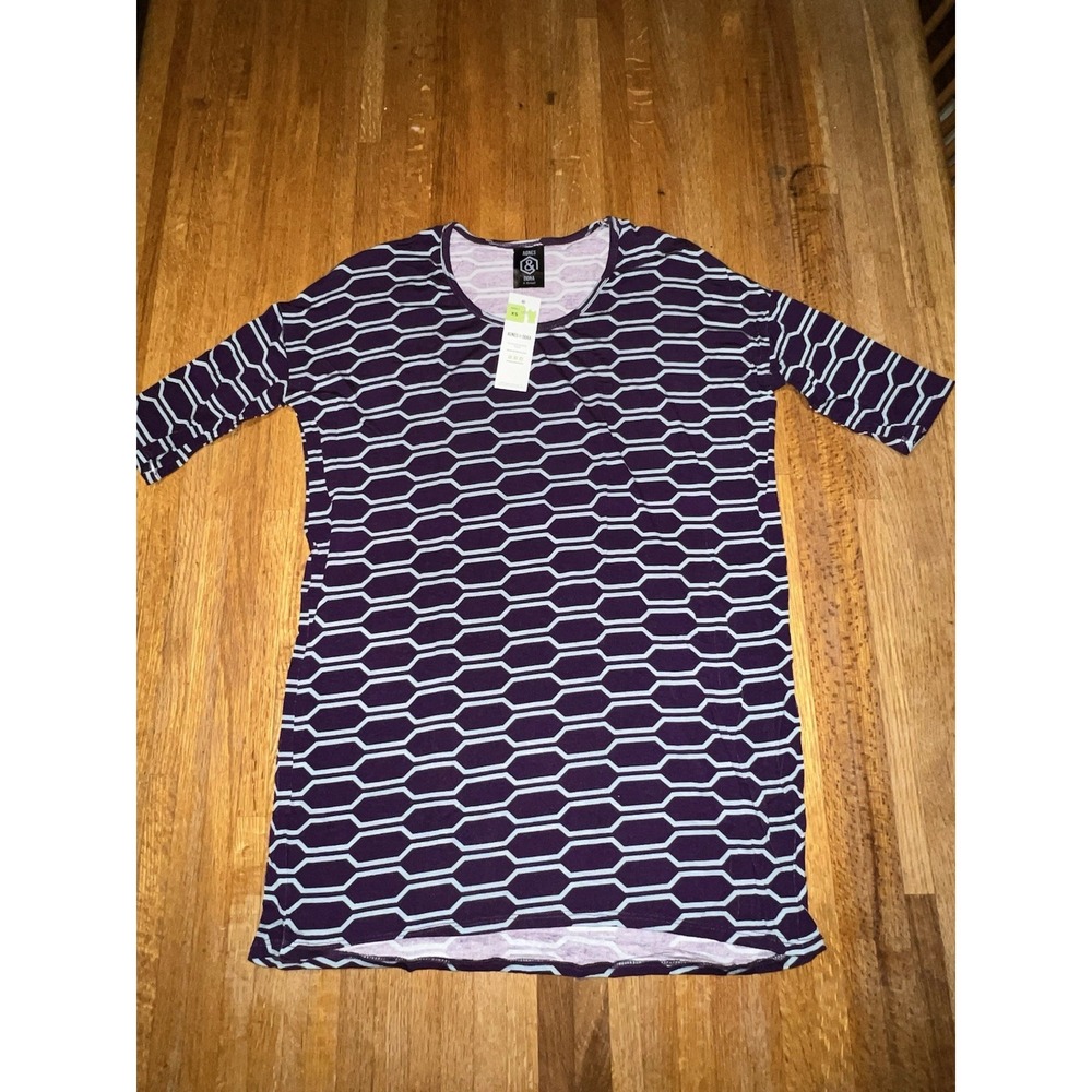 NWT Agnes & Dora Adult XS Pulm Purple Blue Geometric Hi-Lo 3/4 Sleeve‎ Tunic Top